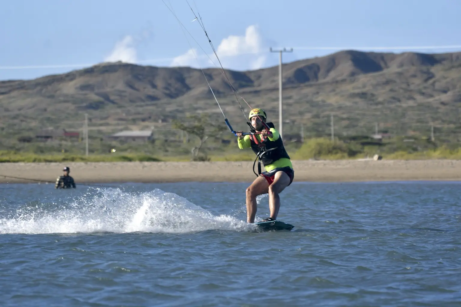 KiteAdventure student kitesurfing in the shallow-water spot of Mayapo, La Guajira, Colombia